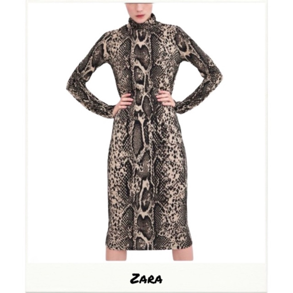 Zara | Snake Print Turtleneck Midi Dress